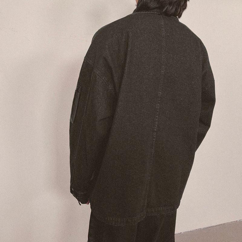 faux leather mix denim shirt_black