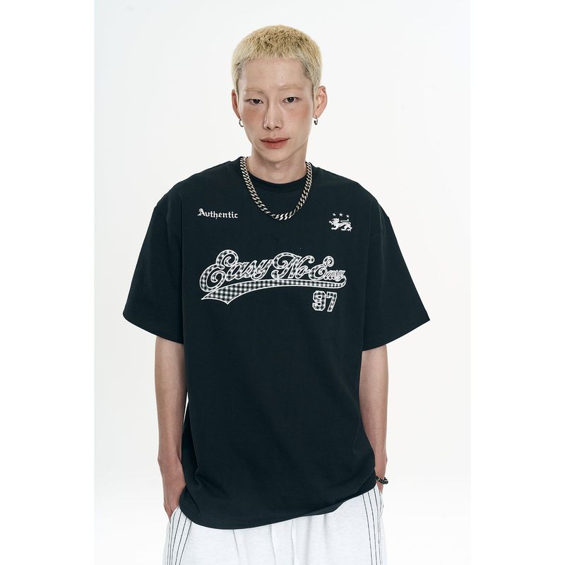 EASY NO EASY(イージーノーイージー)の「Check Applique Patch Short Sleeve - Black(Tops)」
