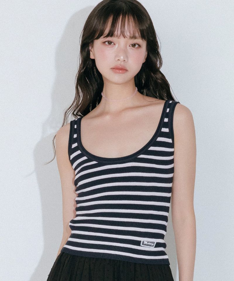 mellotory（メロートリー）の「STRIPE SLEEVELESS KNIT TOP (NAVY)（Tops）」