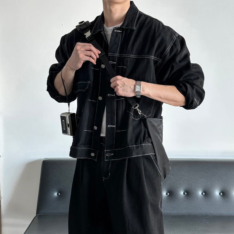 LMN log Oversized fit stitch denim setup jacket (2 colors)