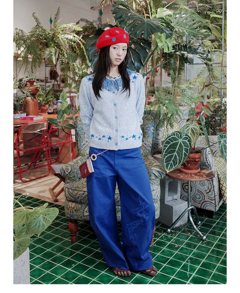 UnsocalNight2025 Original Literary Retro Autumn and Winter プリントブルーストレートマシェパンツ
