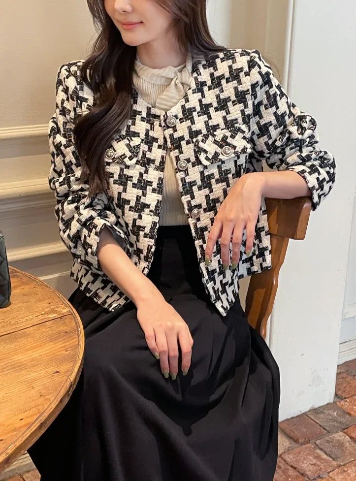 Carson Round-Neck Check Tweed Jacket