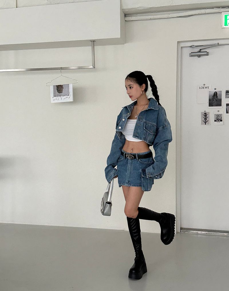 Wafer pocket cropped jean jacket