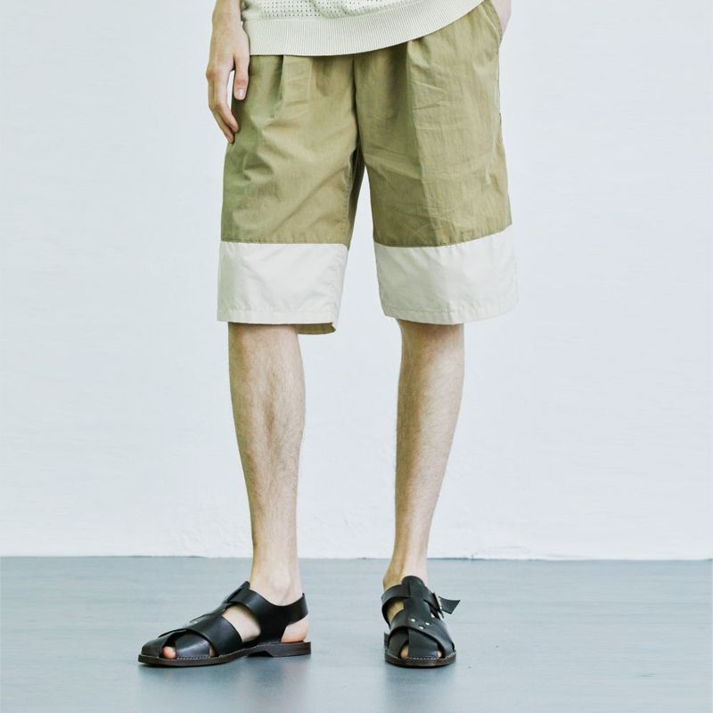 color block banding half nylon pants beige