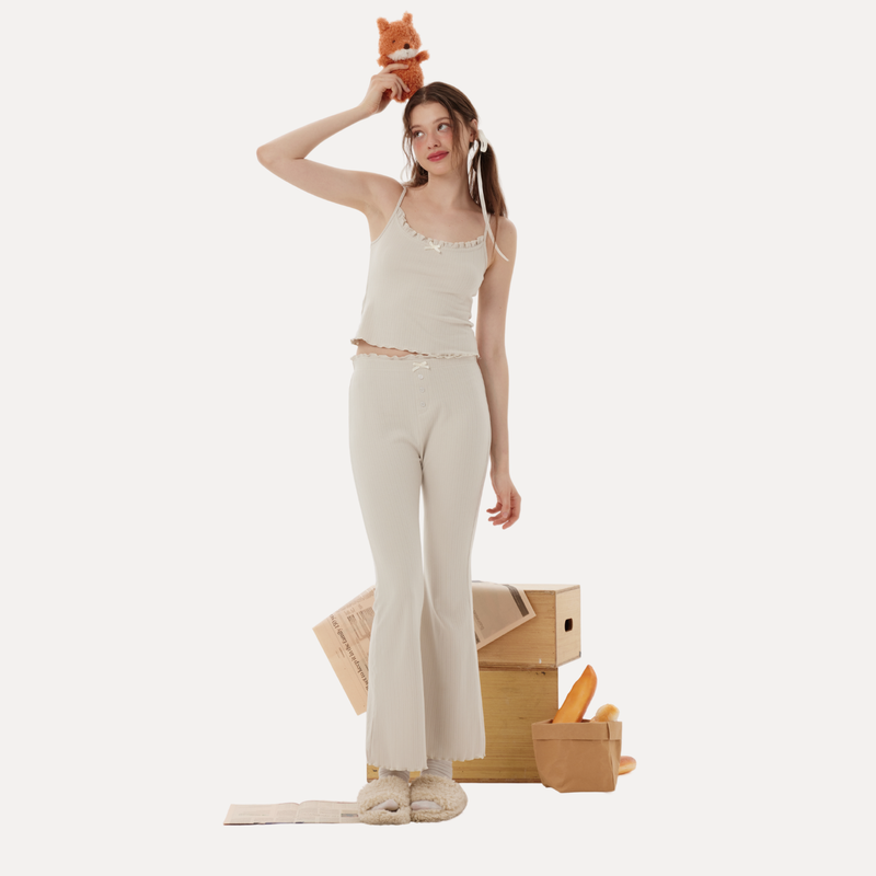 Oatmeal Grey Knitted Sleeveless Pajama Set – Soft Camisole & Shorts | Breathable Summer Sleepwear"