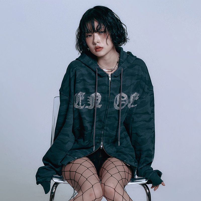 EASY NO EASY(イージーノーイージー)の「Rhinestone Camo Hoodie - CHARCOAL(Tops)」