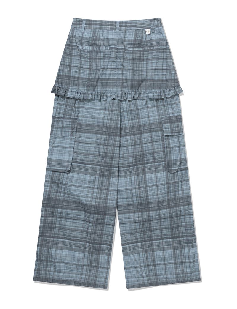 RUFFLE CHECKERED SKIRT CARGO PANTS(BLUE)