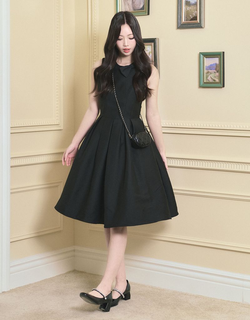 [LADY LINE] オフィーリアリボンポイントスリーブレスミディバルーンドレス ブラック