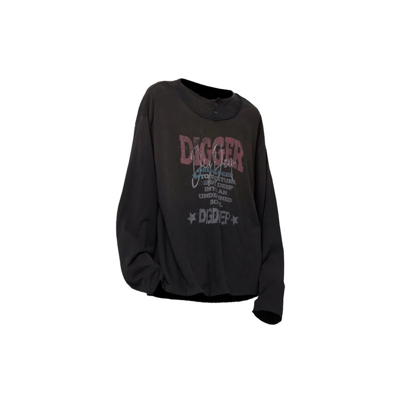 RELABEL (DIGGER Theme Print Series) Digital Distressed Vintage Double-Collar Short Wide Base Long-Sleeve T-Shirt