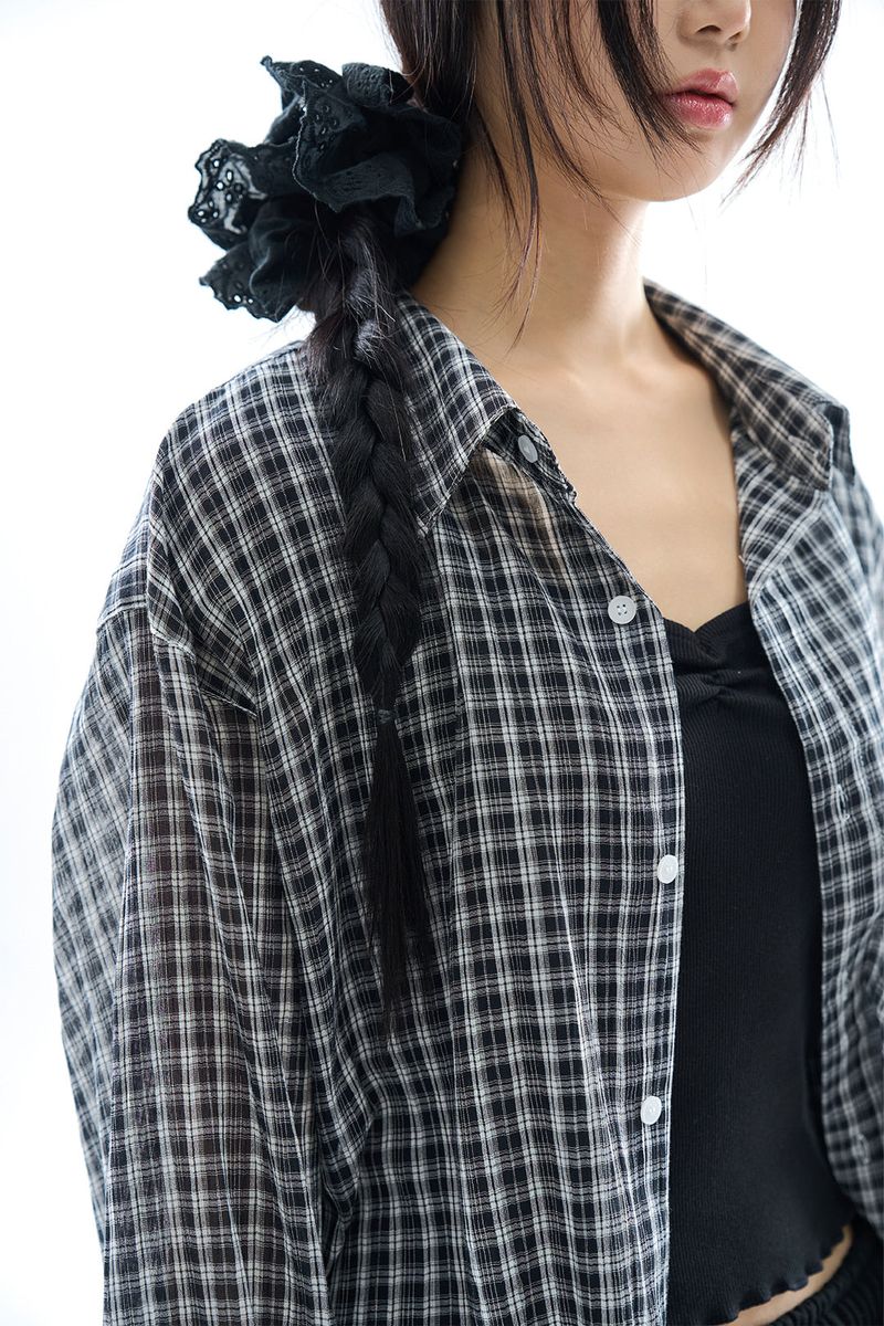 Vina sheer check wrinkle shirt