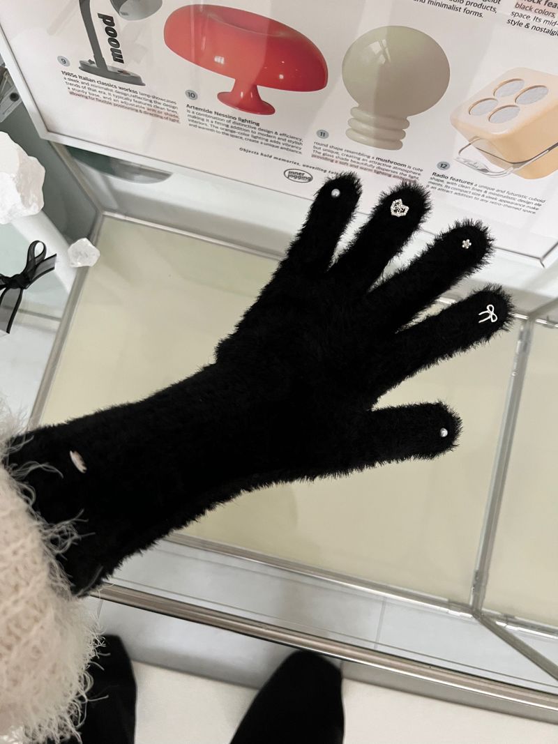 RGO Ballet Core Ribbon Jewelry Year-end Look Hip Cubic Long Heating Fleece-Lined Fur Mink Black White Brown Beige Gloves (Select 3 Colors)