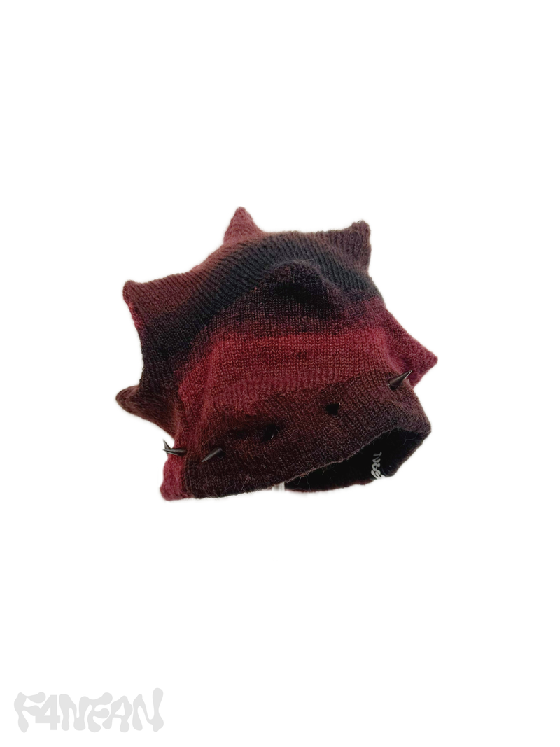 RED&BLACK Punk Spiky Textured Knit Beanie Studded Brim