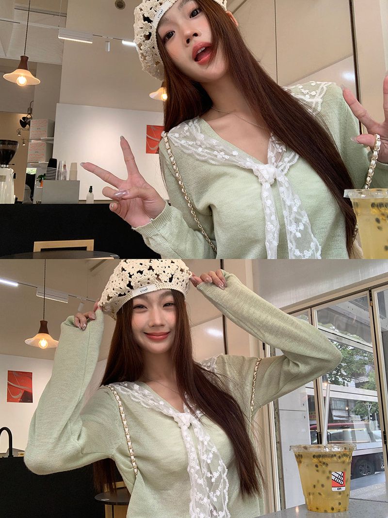 Mint green lace thin V-neck knitwear