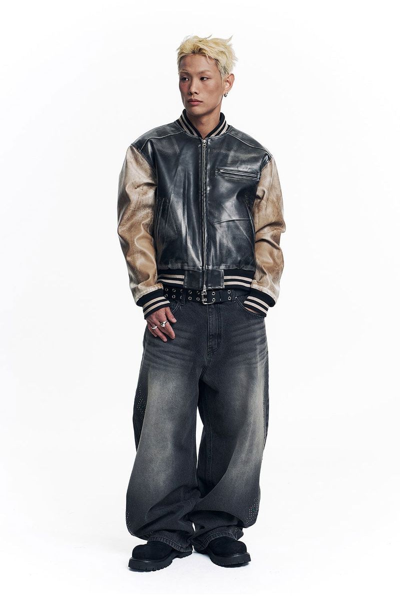 Dirty Washed Leather Varsity Jacket - Black