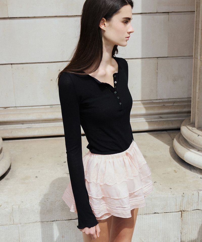 SHEER LACE BUTTON T-SHIRT_TT6S204BK