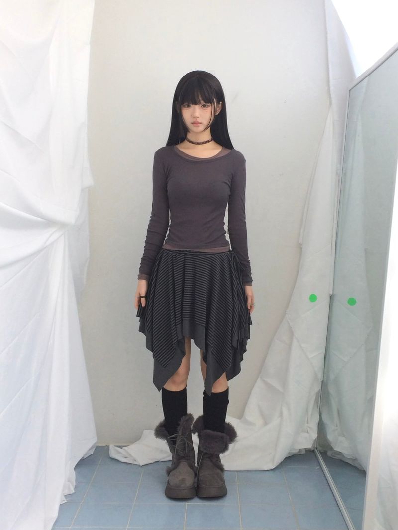 stripe ribbonline wave skirt