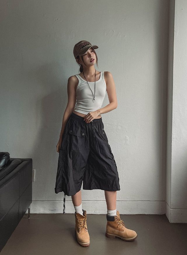 Multi-pocket D-ring Nylon Bermuda Pants