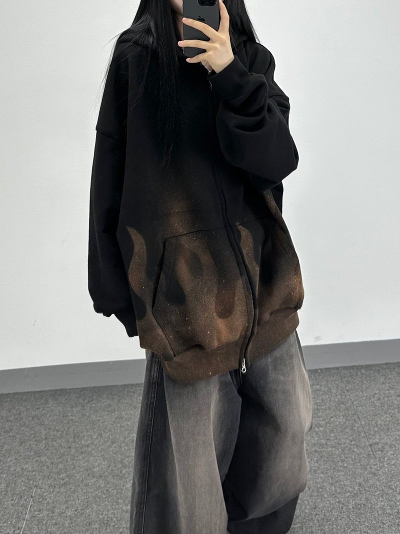 flame washed hooded zip-up