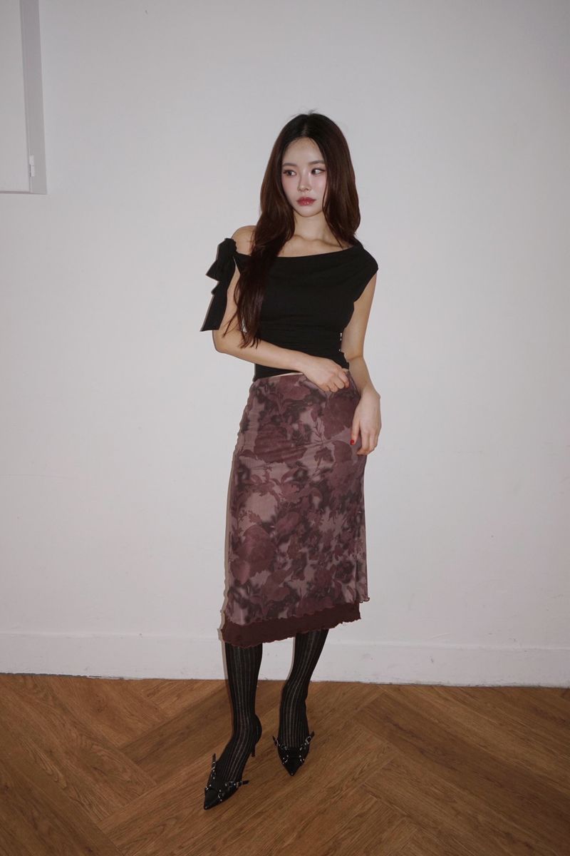 burgundy flower midi skirt