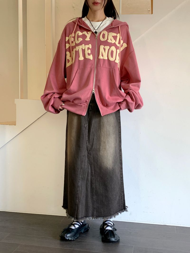 Before overfit lettering two-way hooded zip-up
