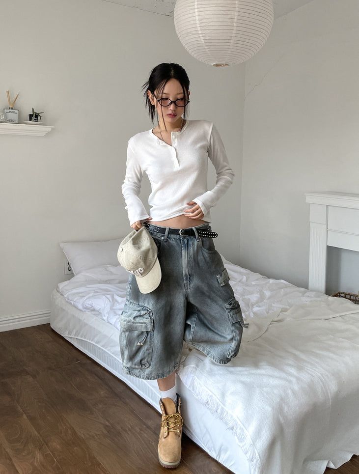 Burn dirty washing utility pocket bermuda pants