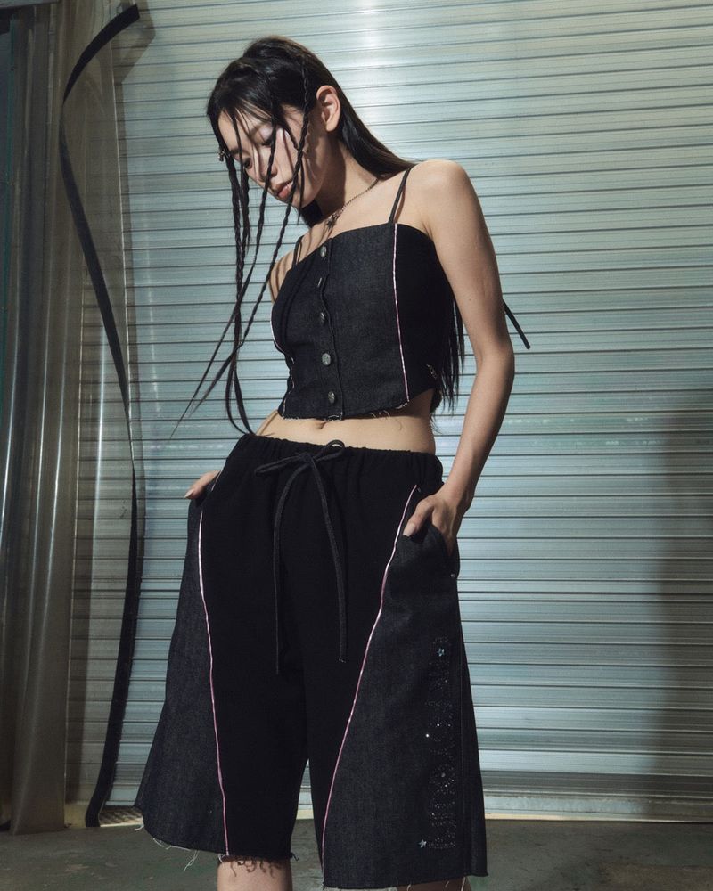 denim combi top - black