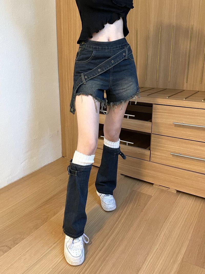 1409. Side belted denim pt warmer set