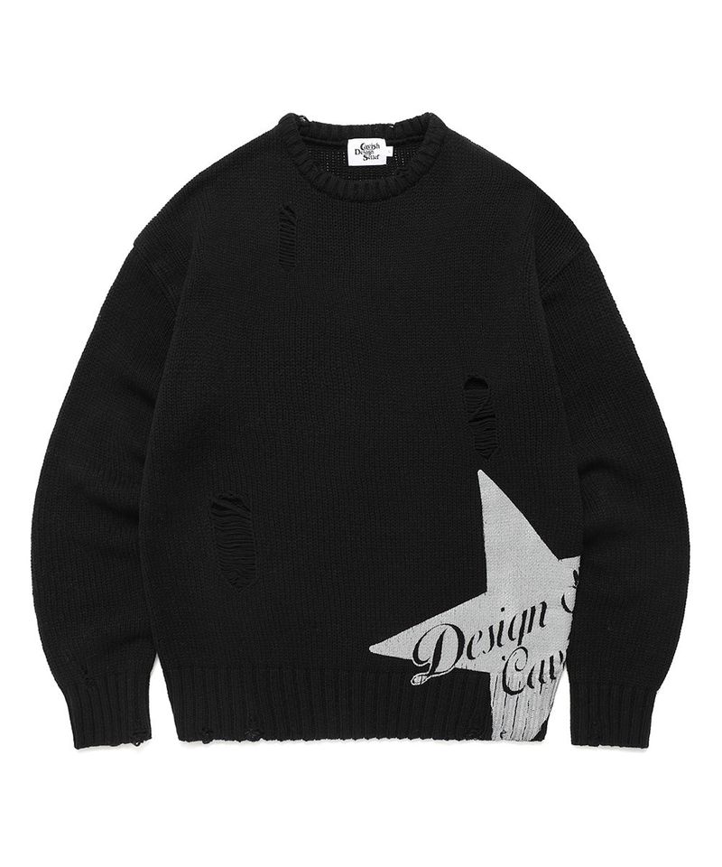 cavish（カビシ）の「W DAMAGED STAR KNIT CREWNECK BLACK(CV2DFFK601A)（Tops）」