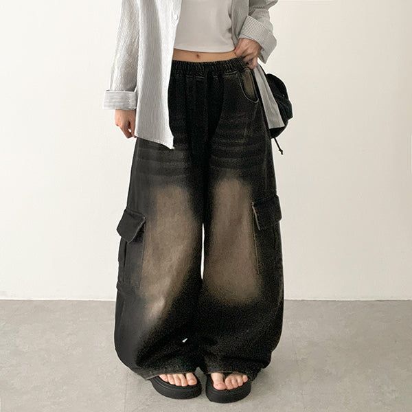khaki waistband denim washing cargo wide pants (2 colors)