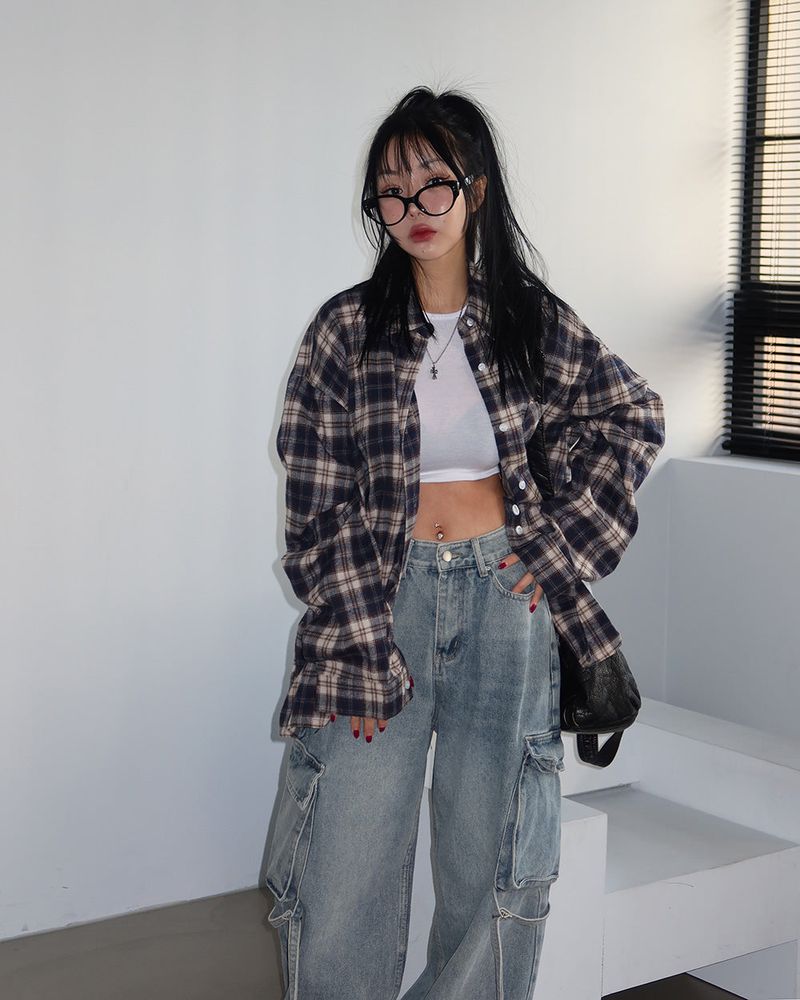 a navy checkered shirt