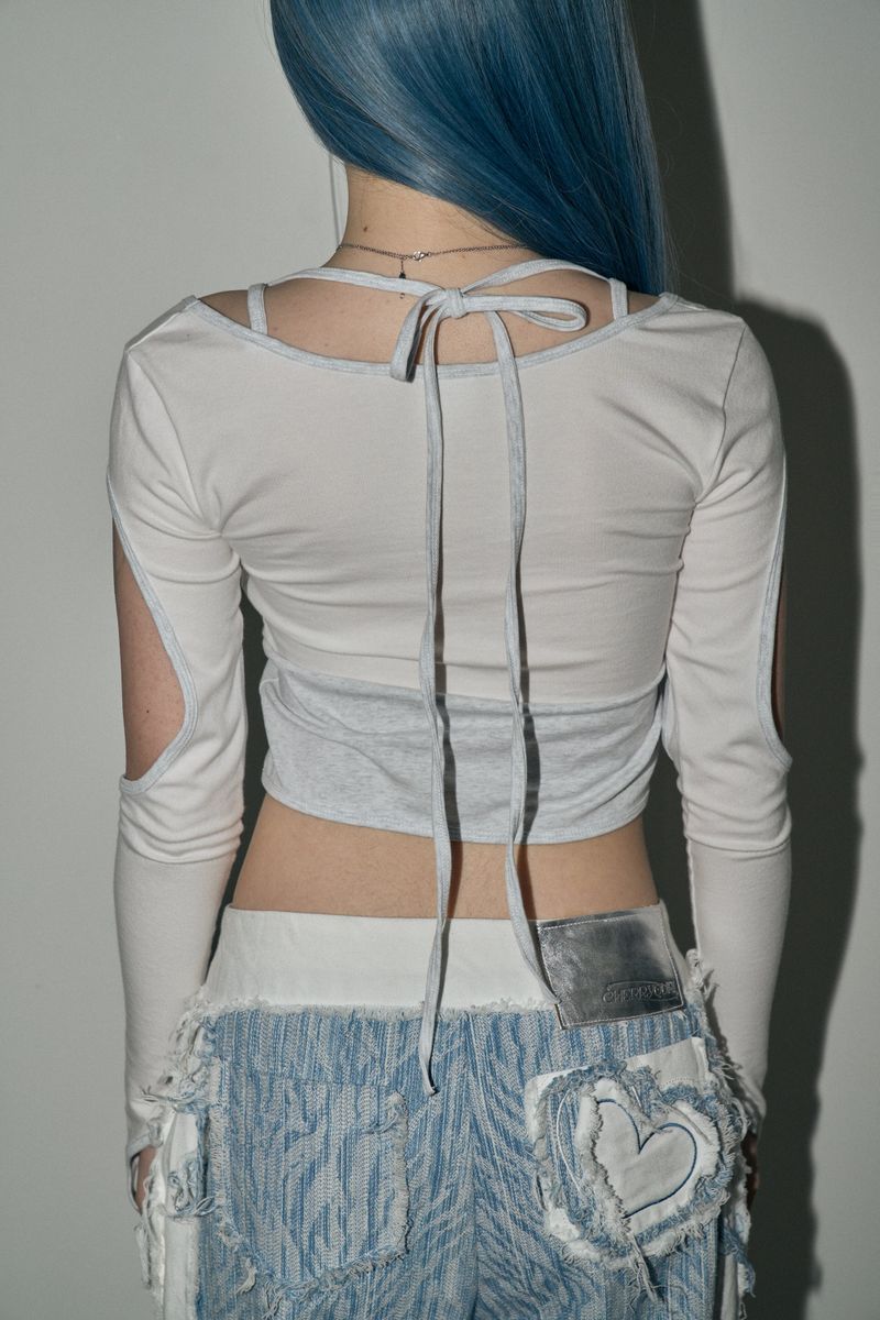 string circle crop top - white melange