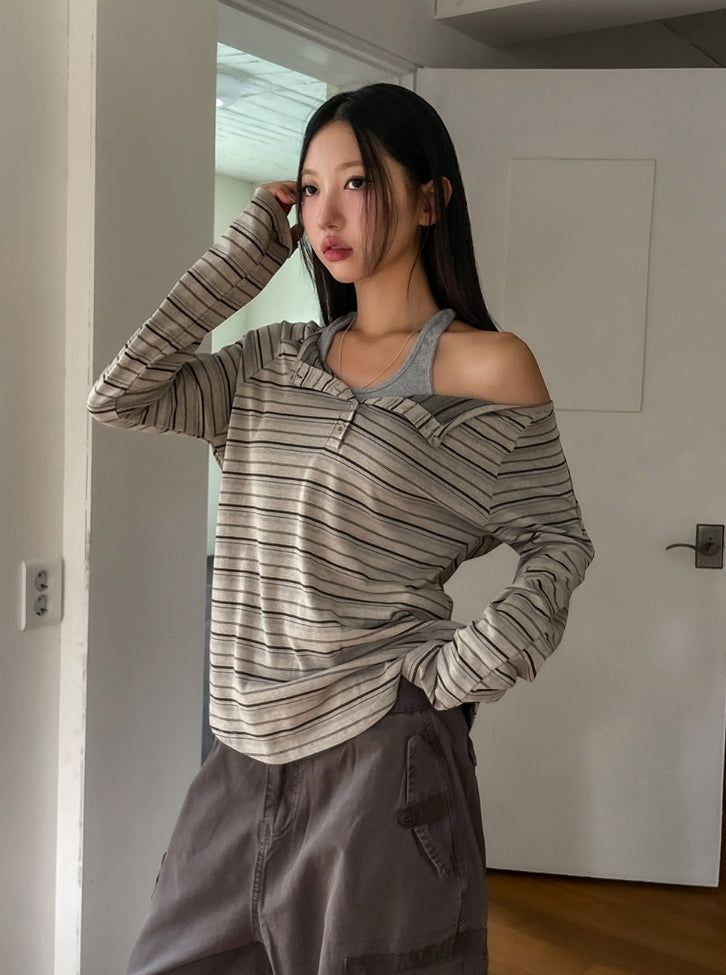 Dien Button Stripe Boat Neck Long Sleeve
