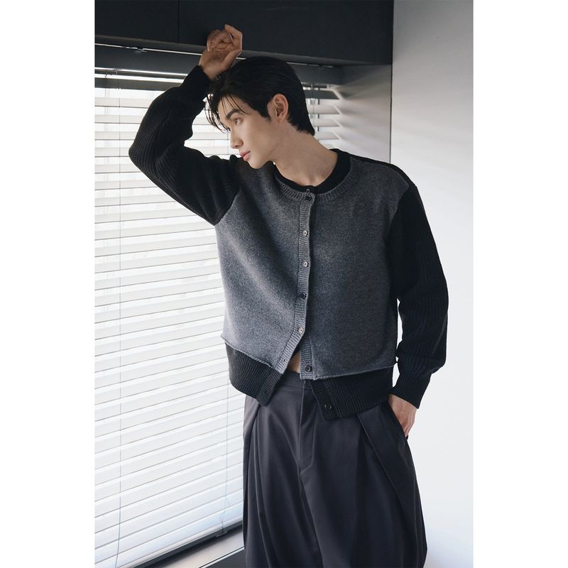 Layered wool knit cardigan(Black)