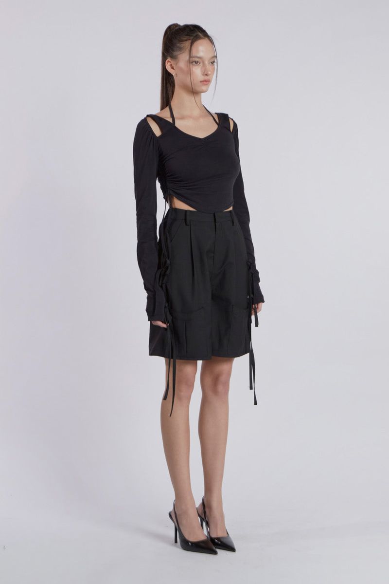 HALTER NECK SHIRRING TOP(BLACK)