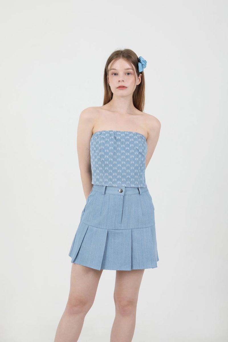Denim Ribbon Crop Top Light Blue