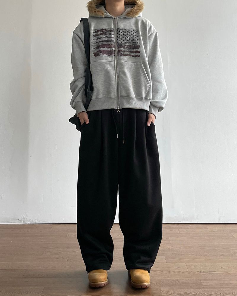 Flag Crop Napping Zip-up Hoodie