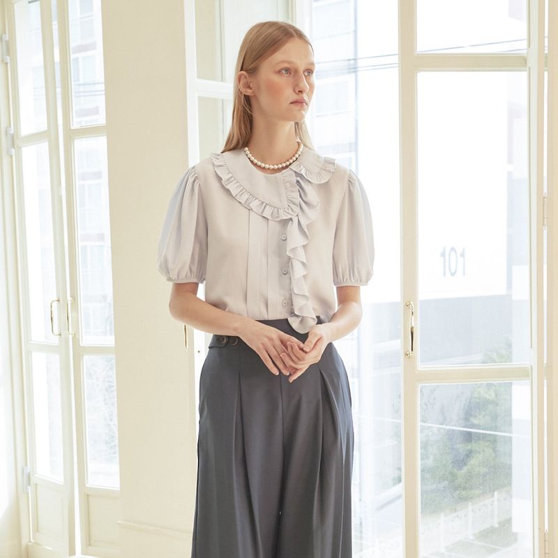 VITALSIGN（バイタルサイン）の「[LINE] Unbalanced Shirring Frill Blouse (Sky Blue)（Tops）」