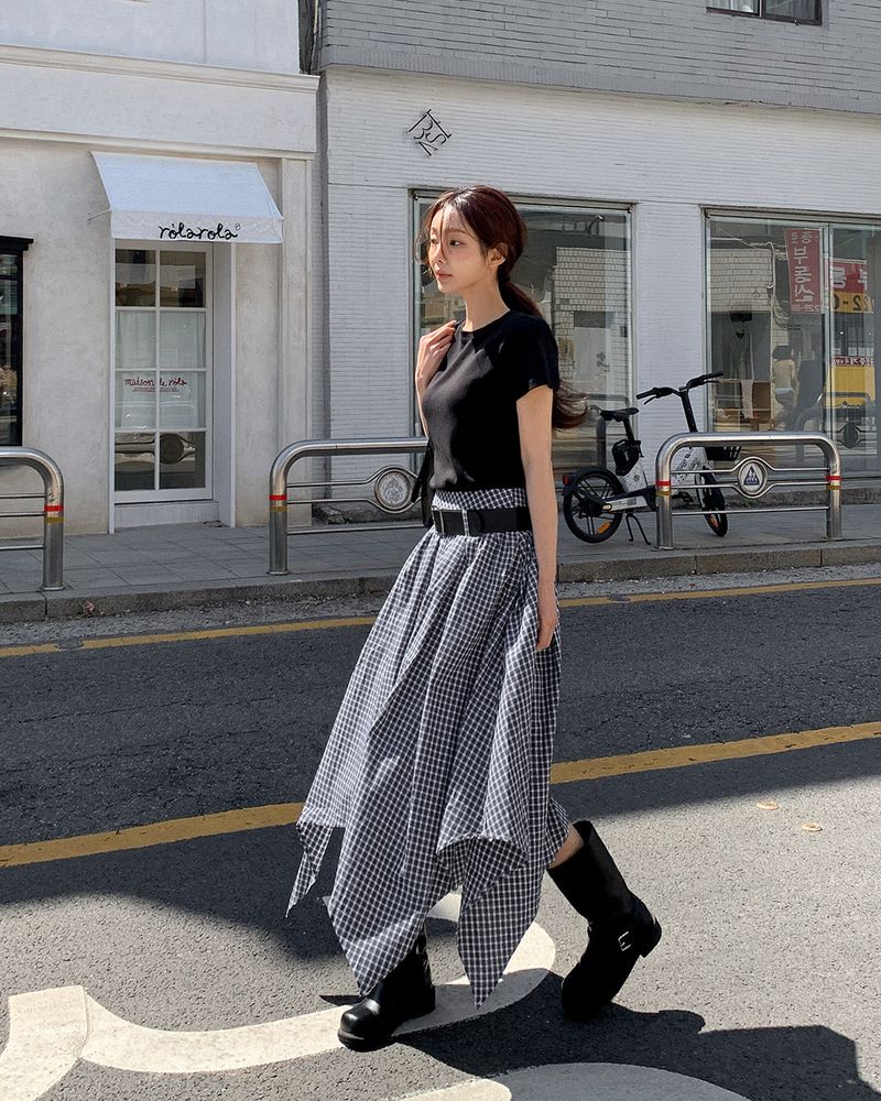 Morang check skirt & belt set