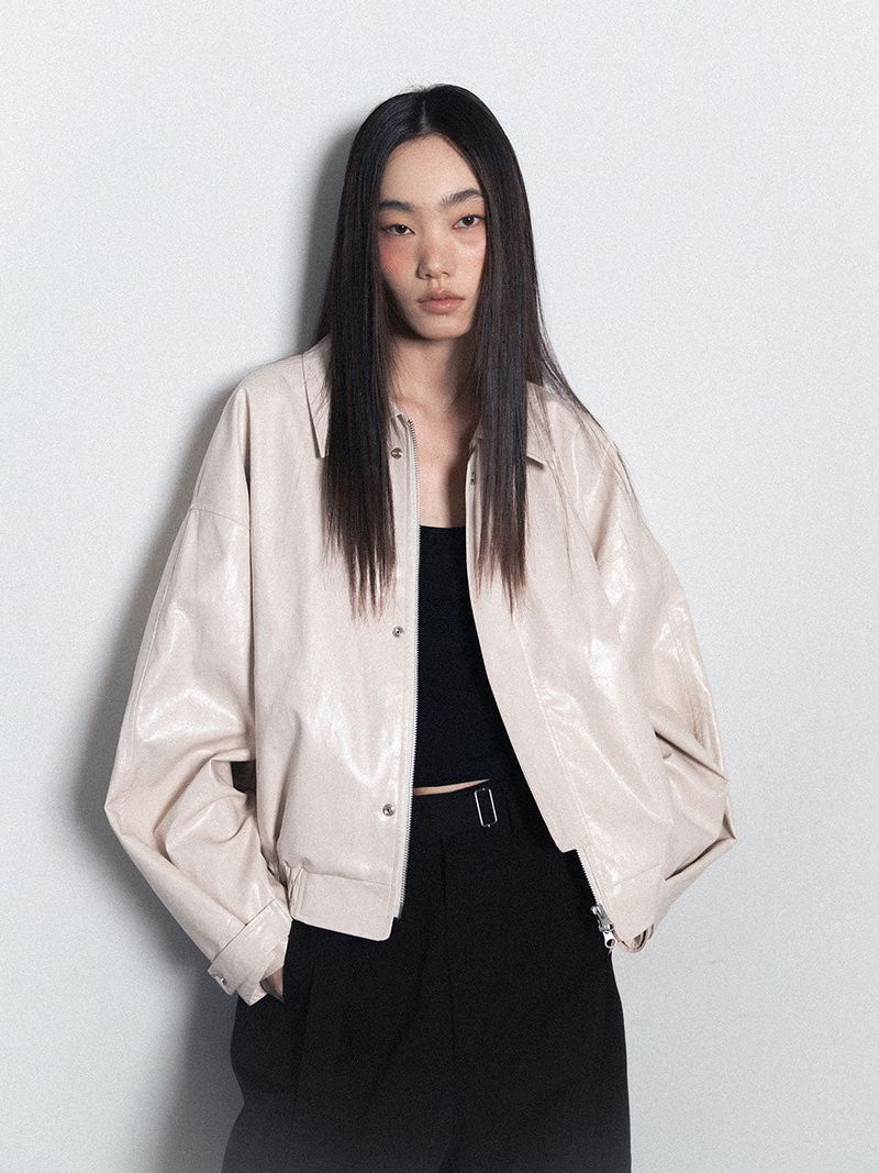 Glossy Leather Bomber Jacket_Ivory