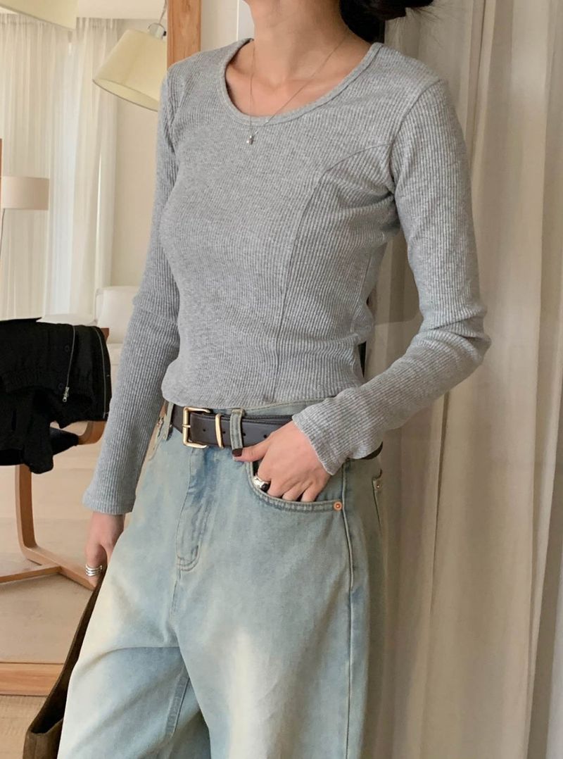 Noiton ribbed U-neck T-shirt