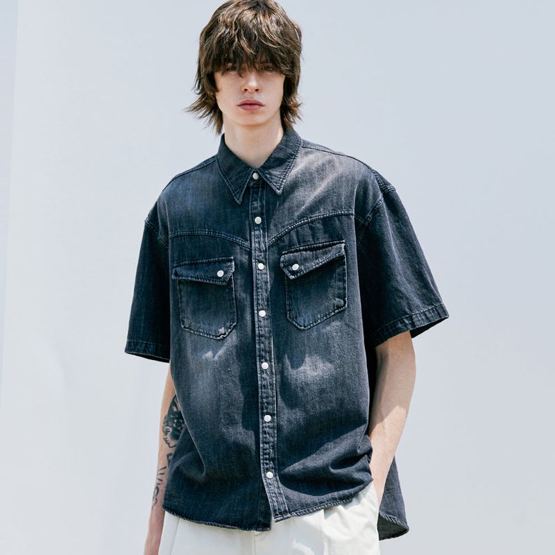 WASHED DENIM WESTERN SHIRT BLACK