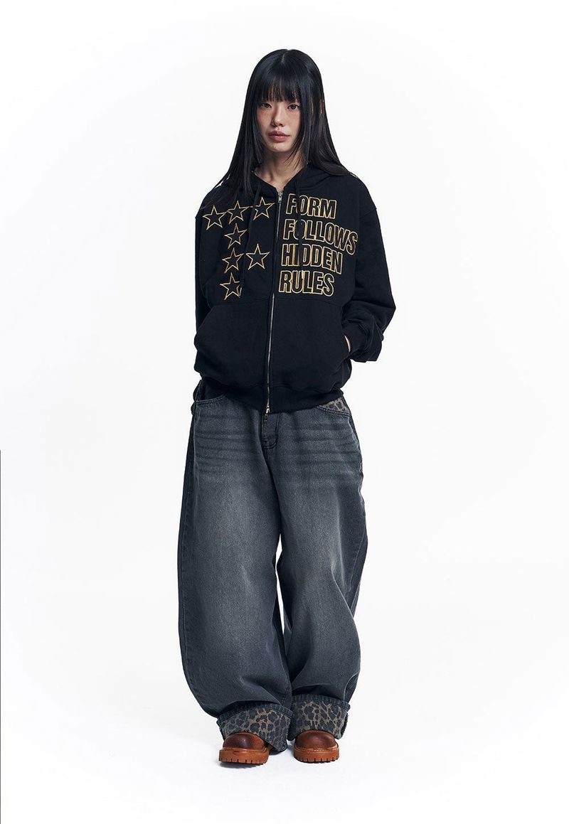 Star Lettering Patch Hoodie Zip-Up - Black