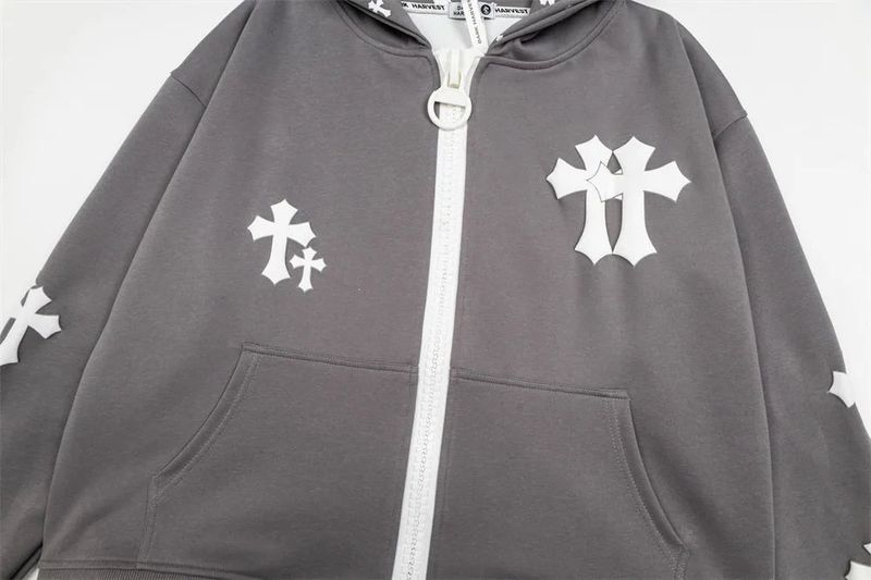 Cross Print Oversized Hood Zip-Up