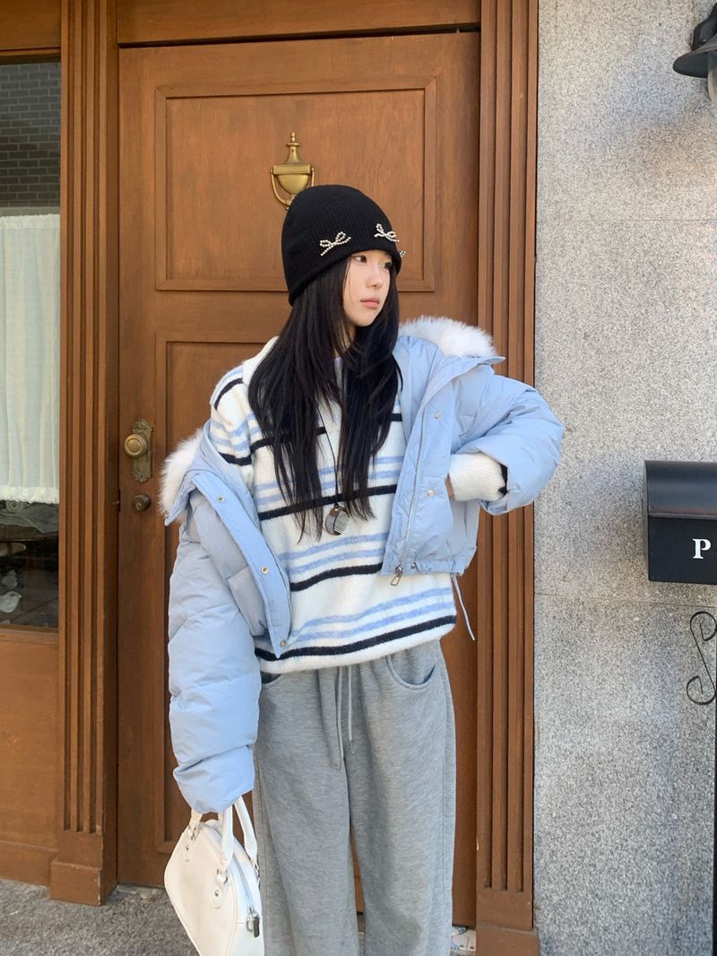 Ice Bloom Fur-Collar Duck Down Short Puffer