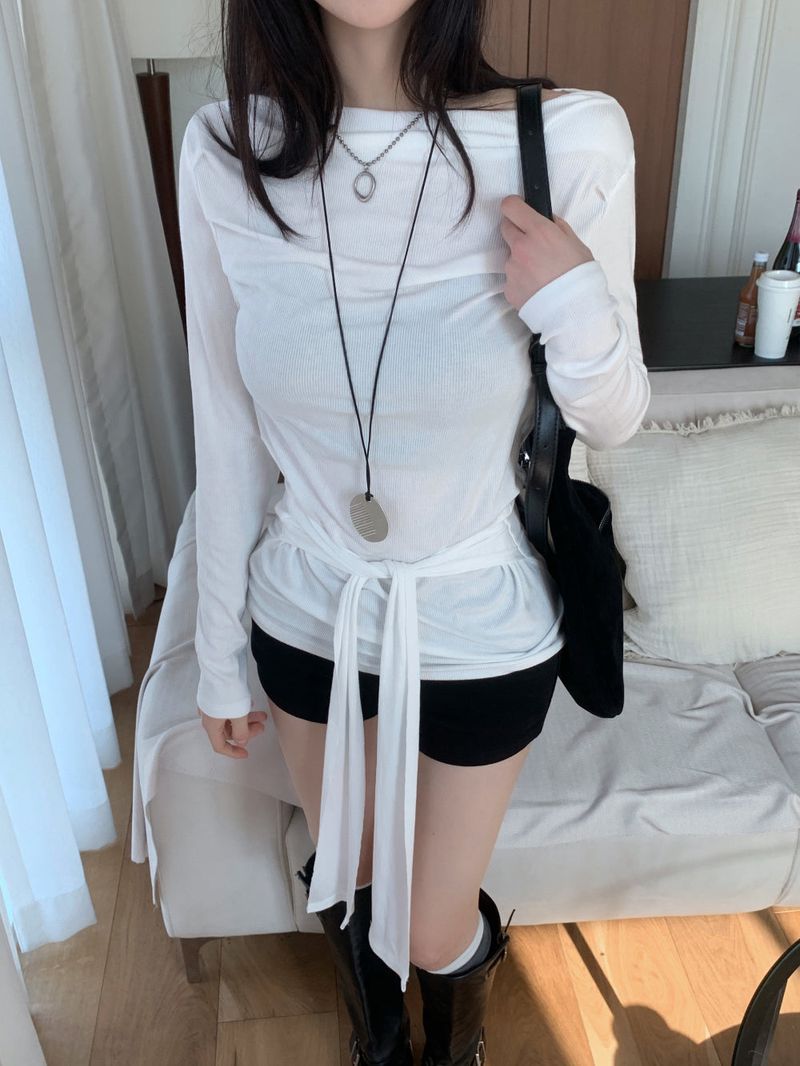 Loving Front Wrap Tie Boat Neck Long Sleeve Tee 