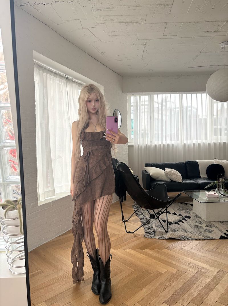 Brown Asymmetrical Ruffle Mini Dress
