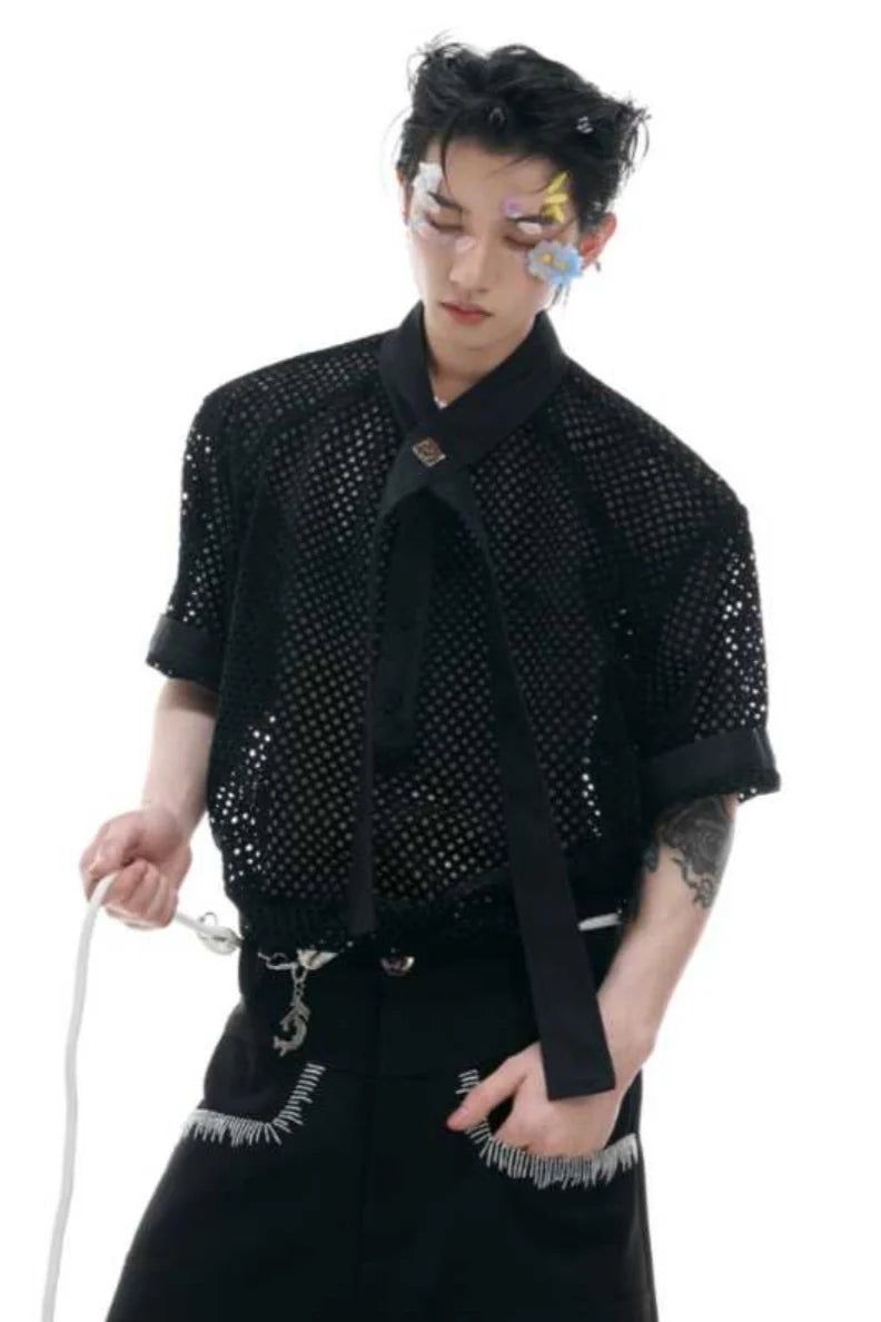 Knit Tie Detail Mesh Tee