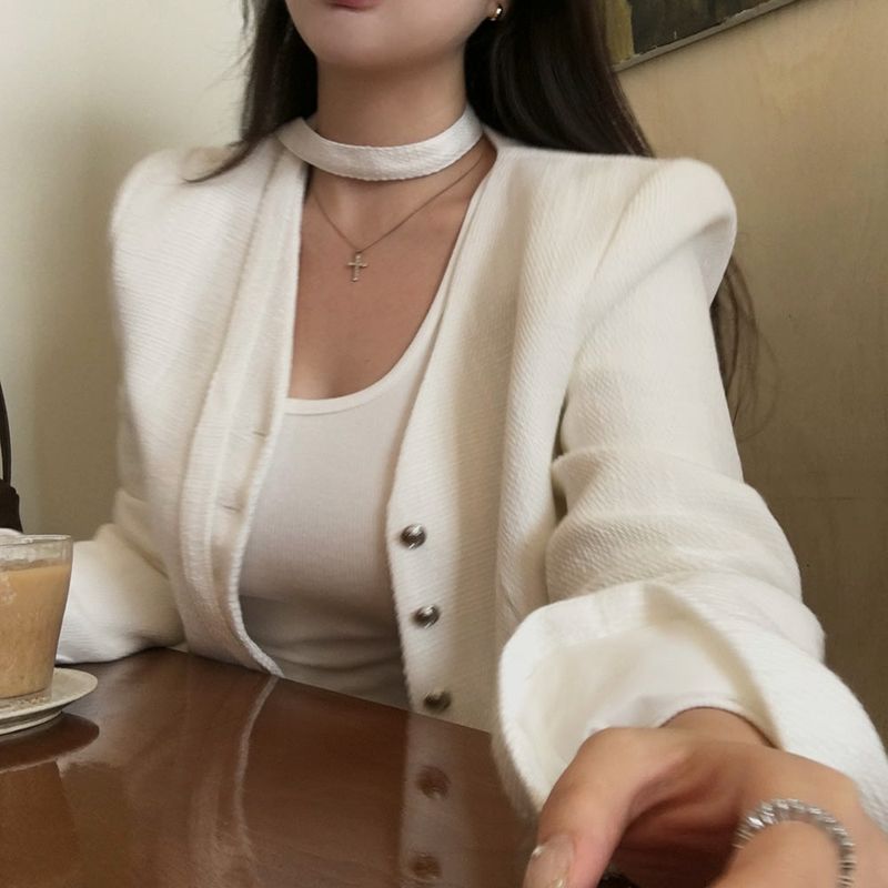 No-Collar Tweed Jacket with Tie Set