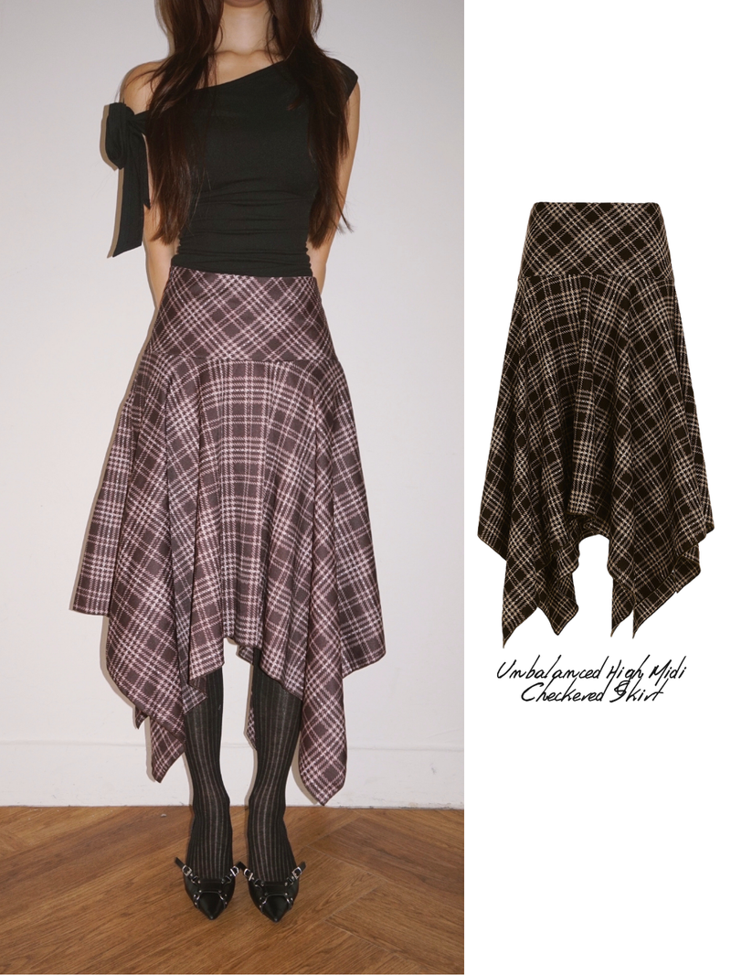dereborujo（ドレボルゾー）の「Unbalanced High Midi Checkered Skirt（Skirts）」