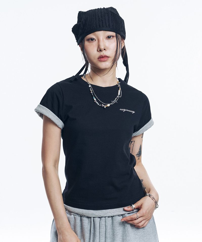 Layered Roll-Up Cropped T-shirt - Black